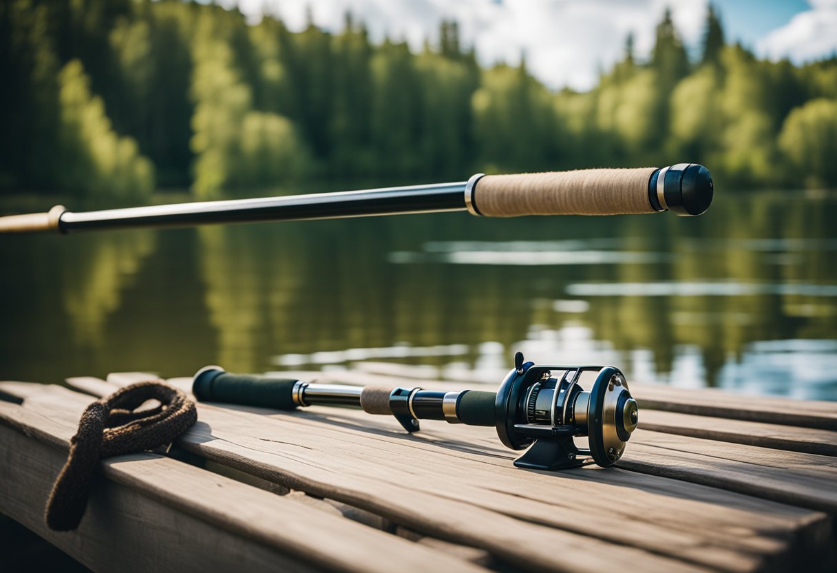 A fly rod resting on a wooden dock, surrounded by a serene lake and lush greenery