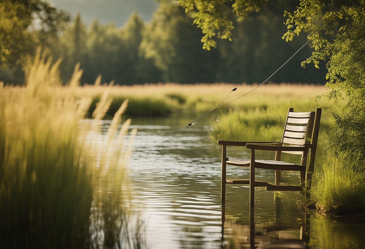 A serene riverbank with a lone fly rod resting against a weathered wooden chair, surrounded by the peaceful beauty of nature