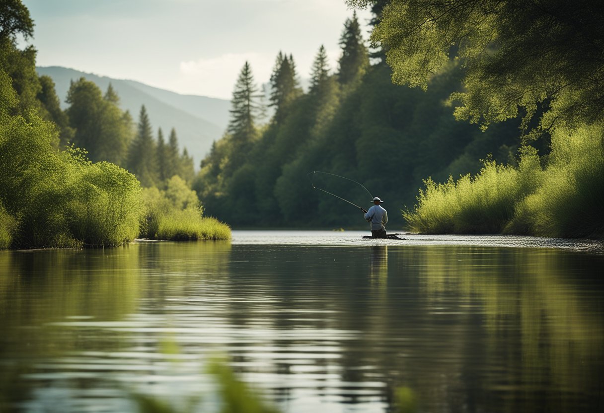 A serene riverbank, with a novice angler casting a fly rod into the calm waters, surrounded by lush greenery and the gentle sound of flowing water
