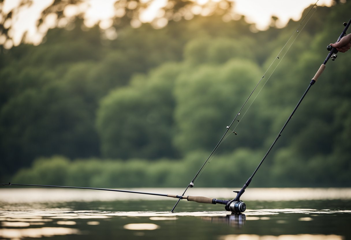 A fly fishing rod and reel combo set up for a beginner, with the line cast out into a serene river or lake
