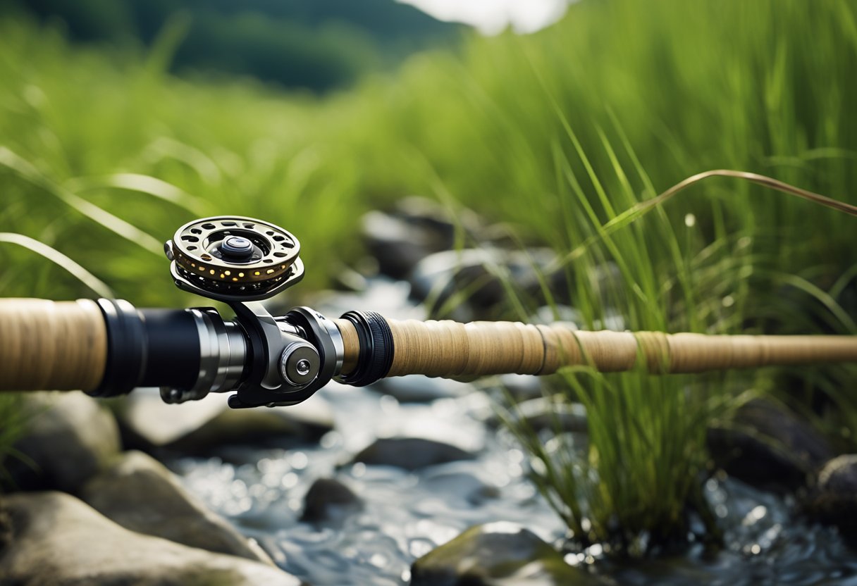 A fly fishing rod and reel balanced on a rocky riverbank, surrounded by tall grass and a flowing stream