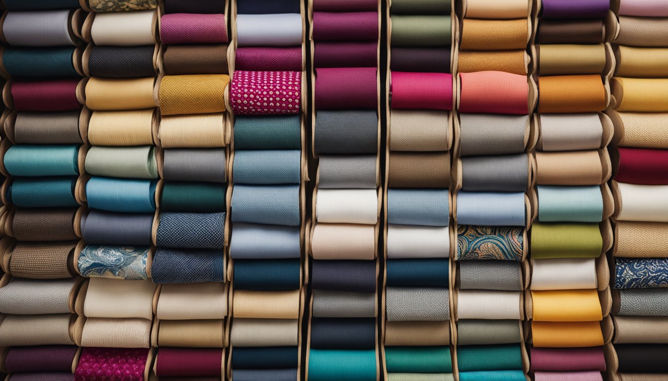 A colorful array of fabric swatches arranged on a table, with various textures and patterns for embroidery
