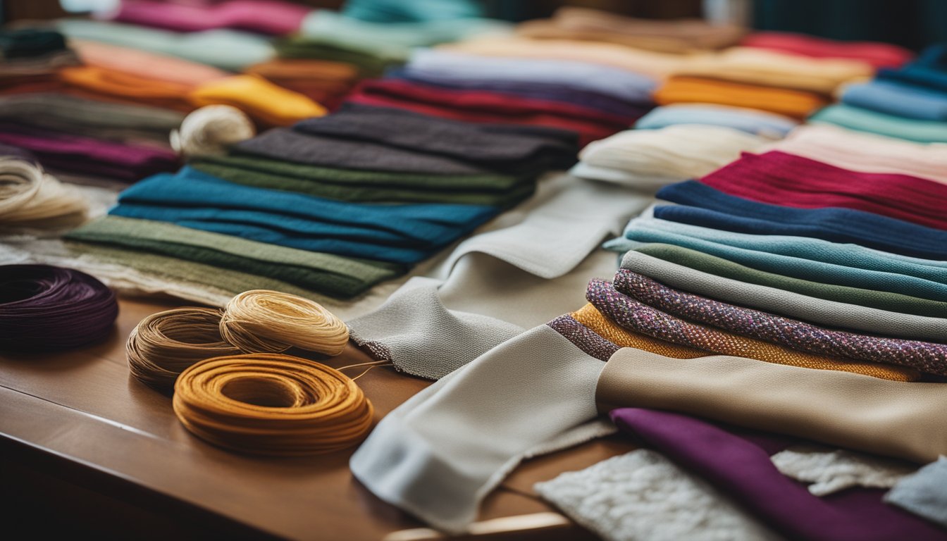 A table with various fabric swatches, a hoop, and embroidery thread laid out for selection