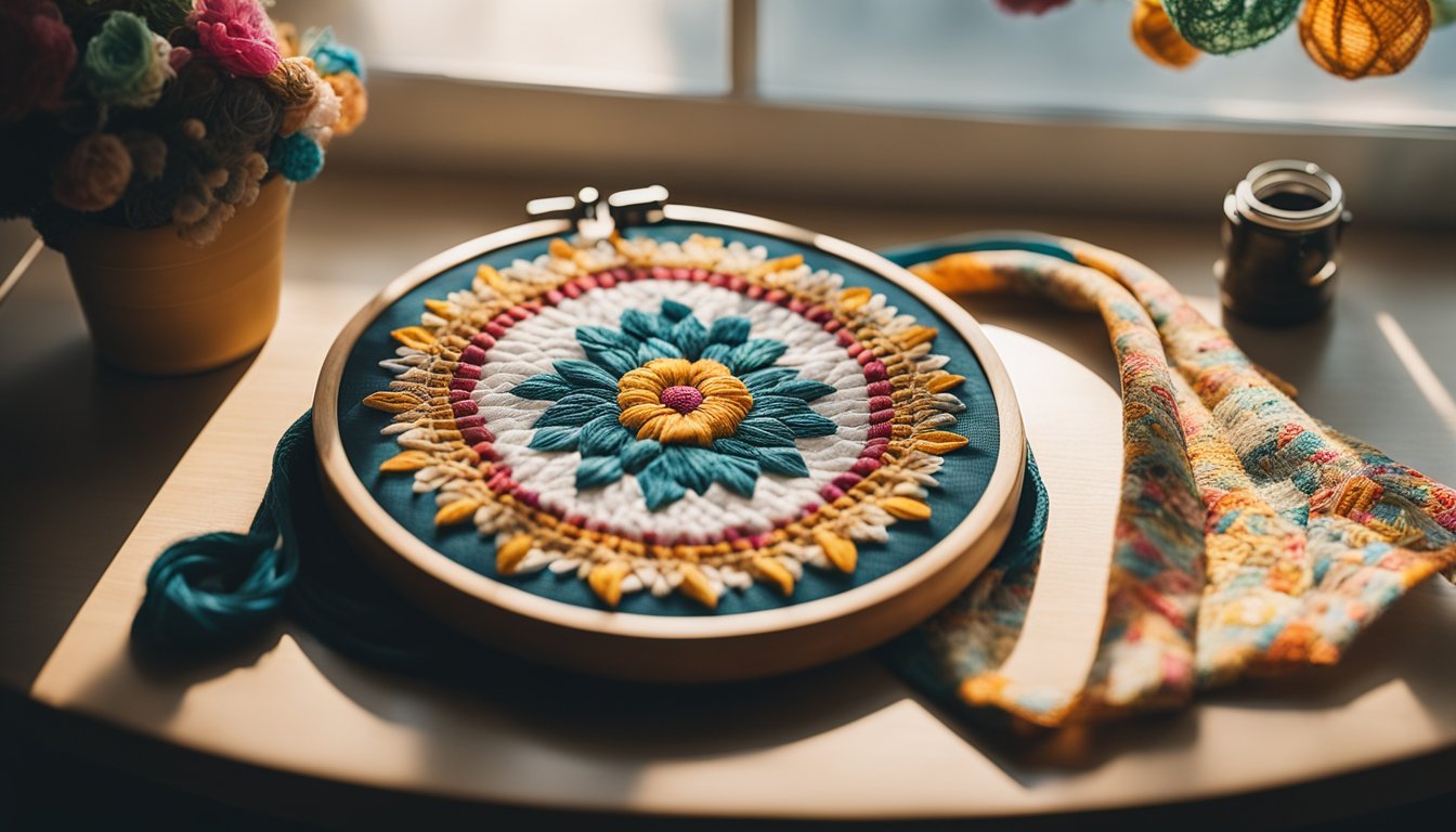 A cozy corner with a wooden embroidery hoop, colorful threads, and a patterned fabric laid out on a table. Sunlight streams in through a nearby window