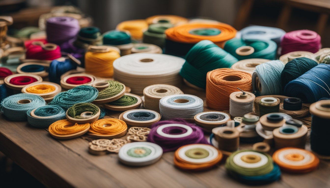 A table with various embroidery kits displayed, including colorful threads, needles, and patterned fabrics