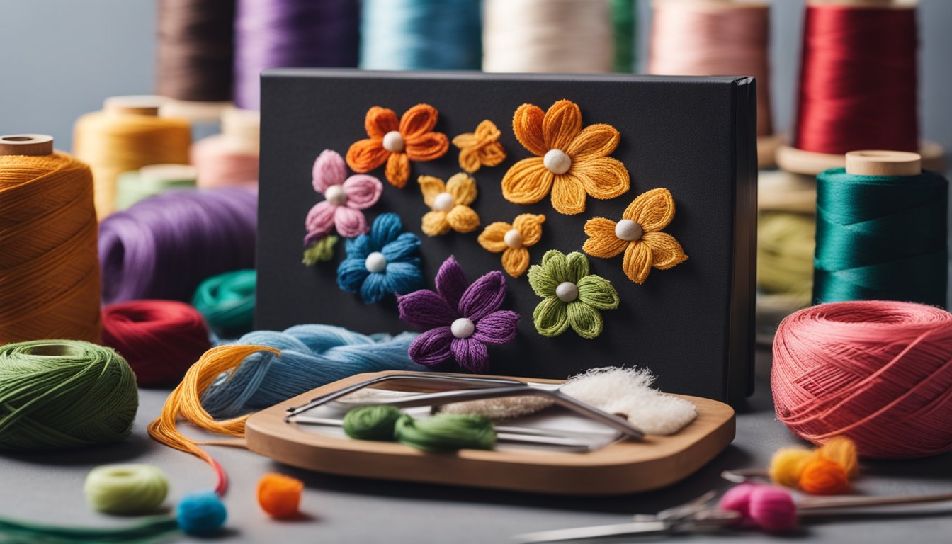 A table with an open embroidery kit, various colored threads, needles, and a hoop. A book with embroidery techniques and tips lies nearby
