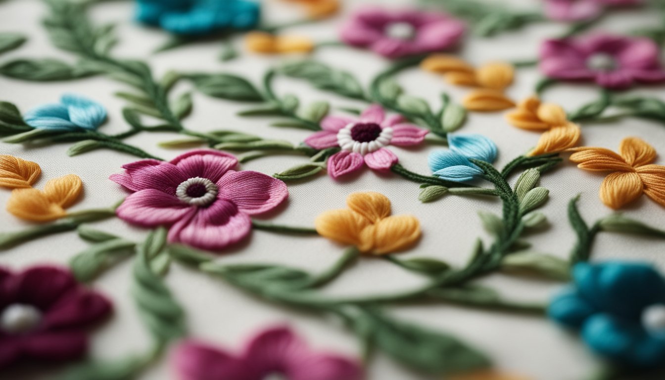 A needle pulling thread through fabric, creating intricate crewel embroidery stitches in a floral pattern