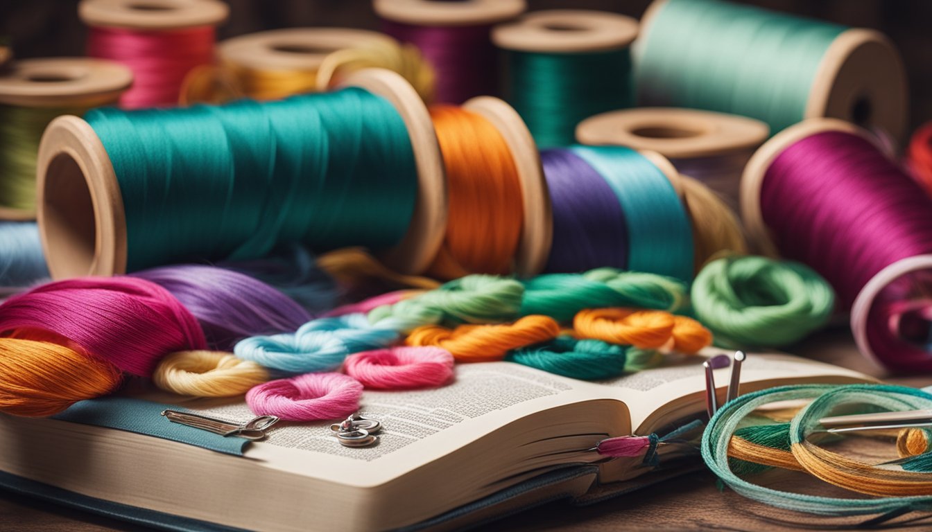 A table with colorful threads, embroidery hoops, needles, and fabric. A book on crewel embroidery lies open next to a pair of scissors