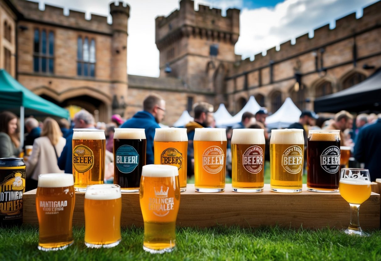 A bustling beer festival at Nottingham Castle, with a variety of independent breweries showcasing their selections in a lively and vibrant atmosphere
