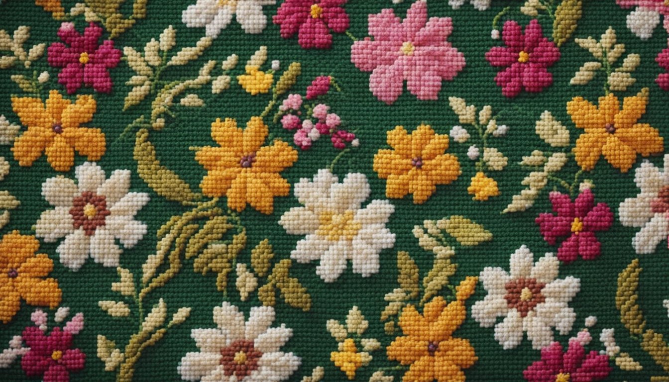 A needlepoint canvas with colorful threads and a pattern of flowers and leaves