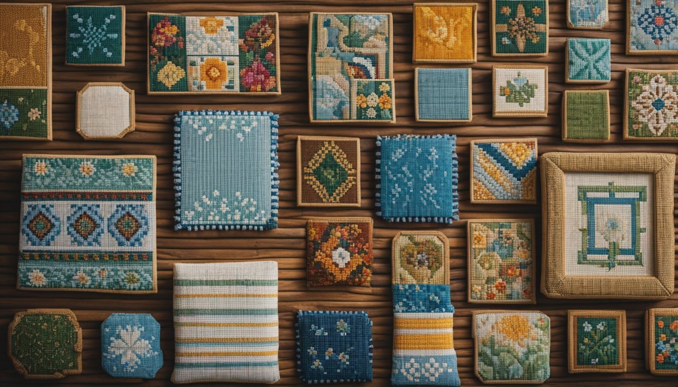 A variety of needlepoint canvases displayed on a table, including mono, interlock, and penelope types