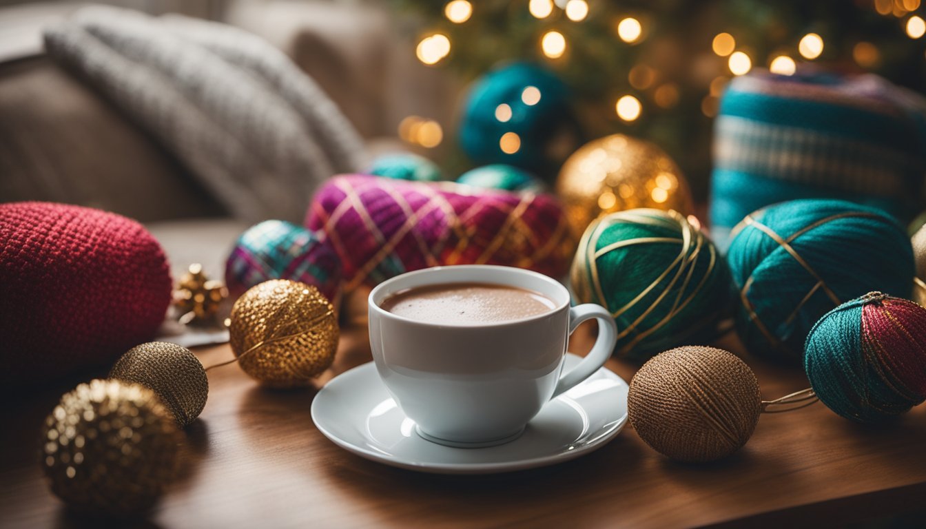 A cozy living room table with needlepoint Christmas ornament kits, colorful threads, and a pattern book spread out. A cup of hot cocoa sits nearby