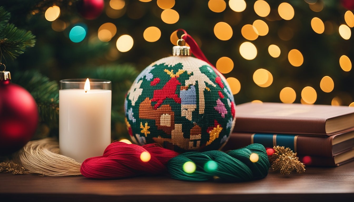 A cozy living room table with a needlepoint Christmas ornament kit, colorful threads, and a festive pattern book