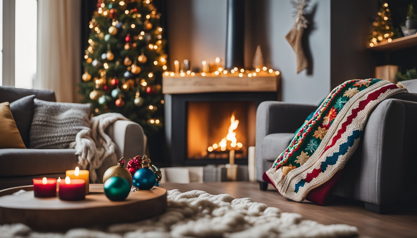 A cozy living room with a fireplace and a table set up with needlepoint Christmas ornament kits, colorful threads, and a needle
