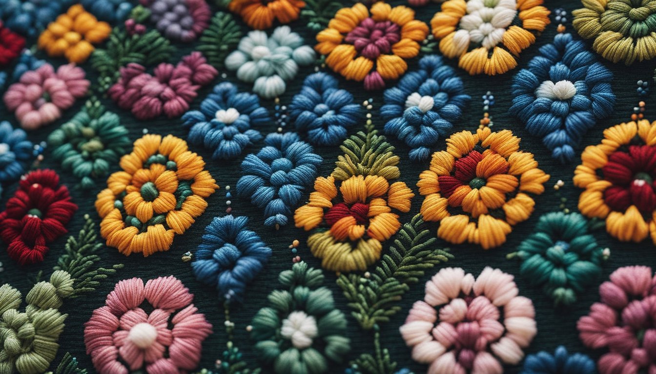 A needlepoint canvas with intricate French knots in various colors