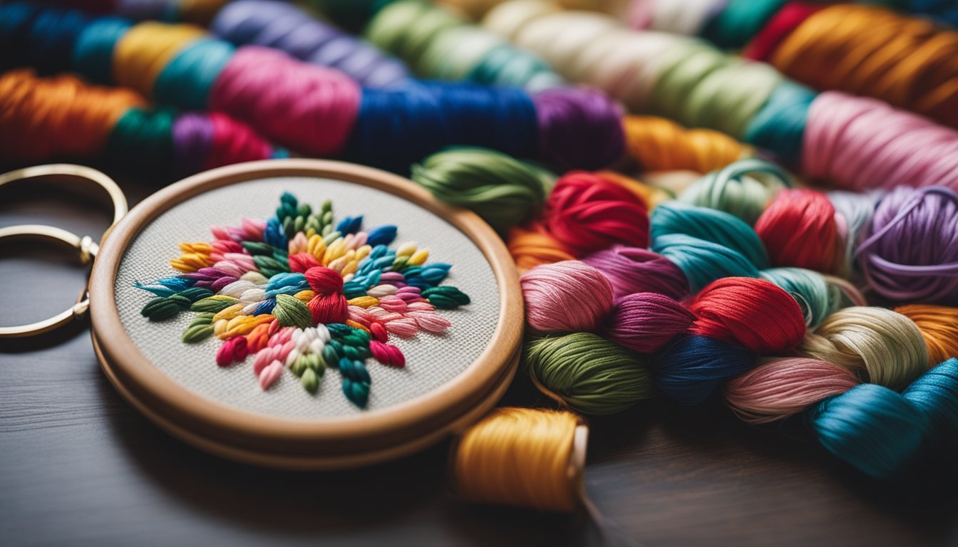 A needlepoint canvas surrounded by colorful embroidery floss, a needle, and a hoop, ready for French knot stitching