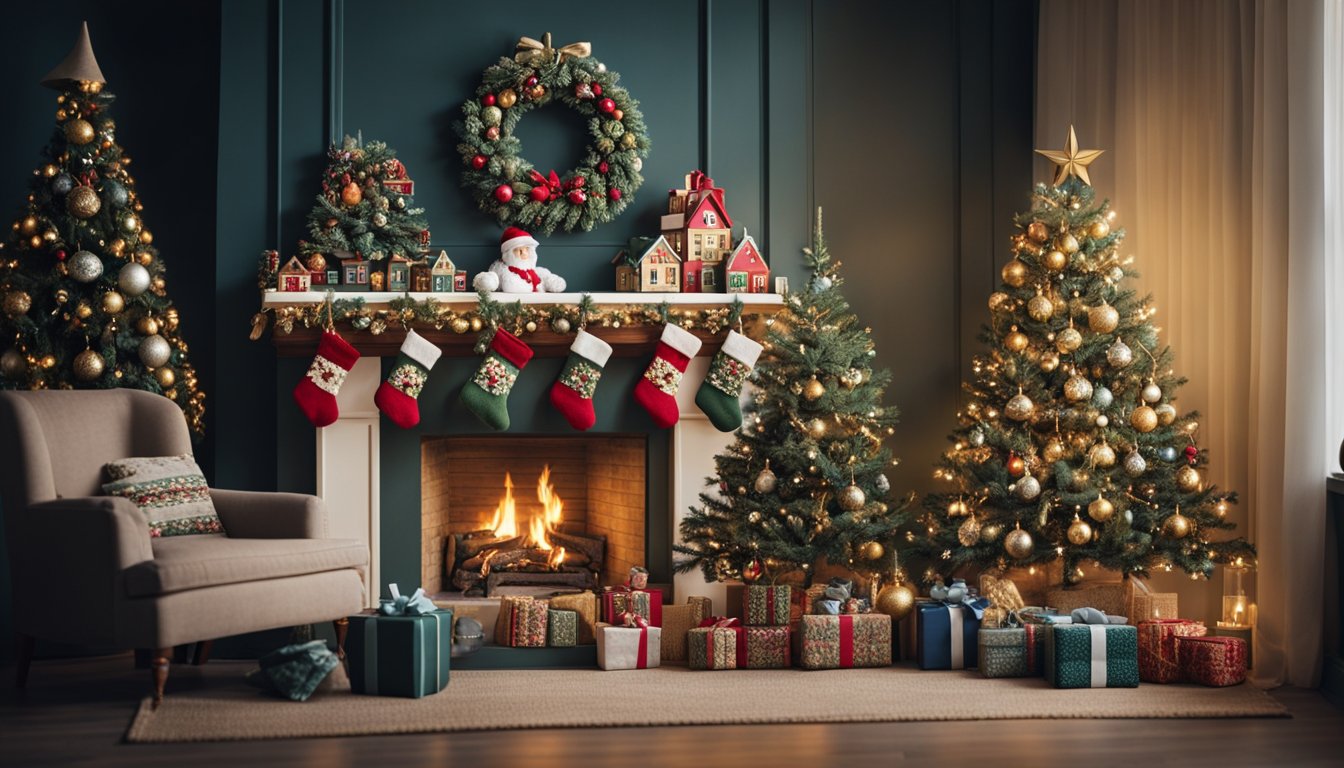 A cozy living room adorned with handmade needlepoint ornaments hanging from the mantel and Christmas tree, adding a touch of warmth and nostalgia to the festive decor