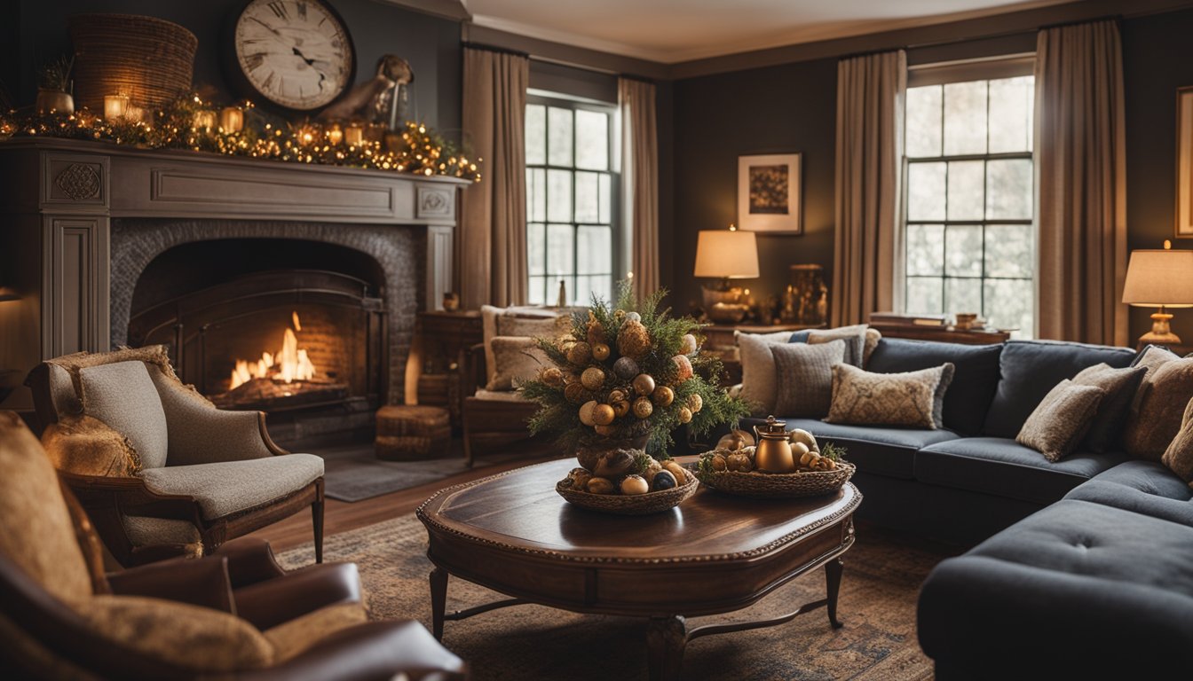 A cozy living room with a crackling fireplace, adorned with needlepoint ornaments depicting historical scenes and intricate patterns