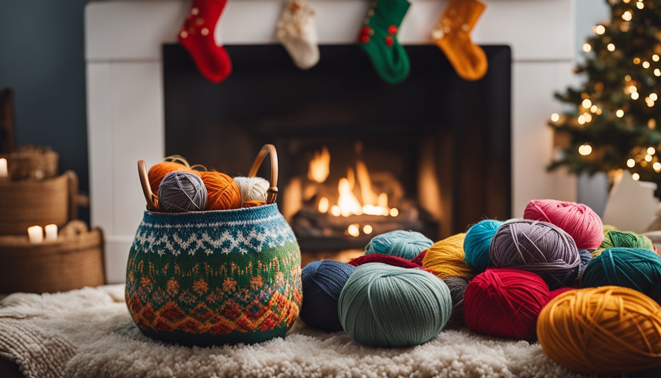 A cozy living room with a crackling fireplace, a basket of colorful yarn, and a needlepoint hoop with intricate holiday designs in progress