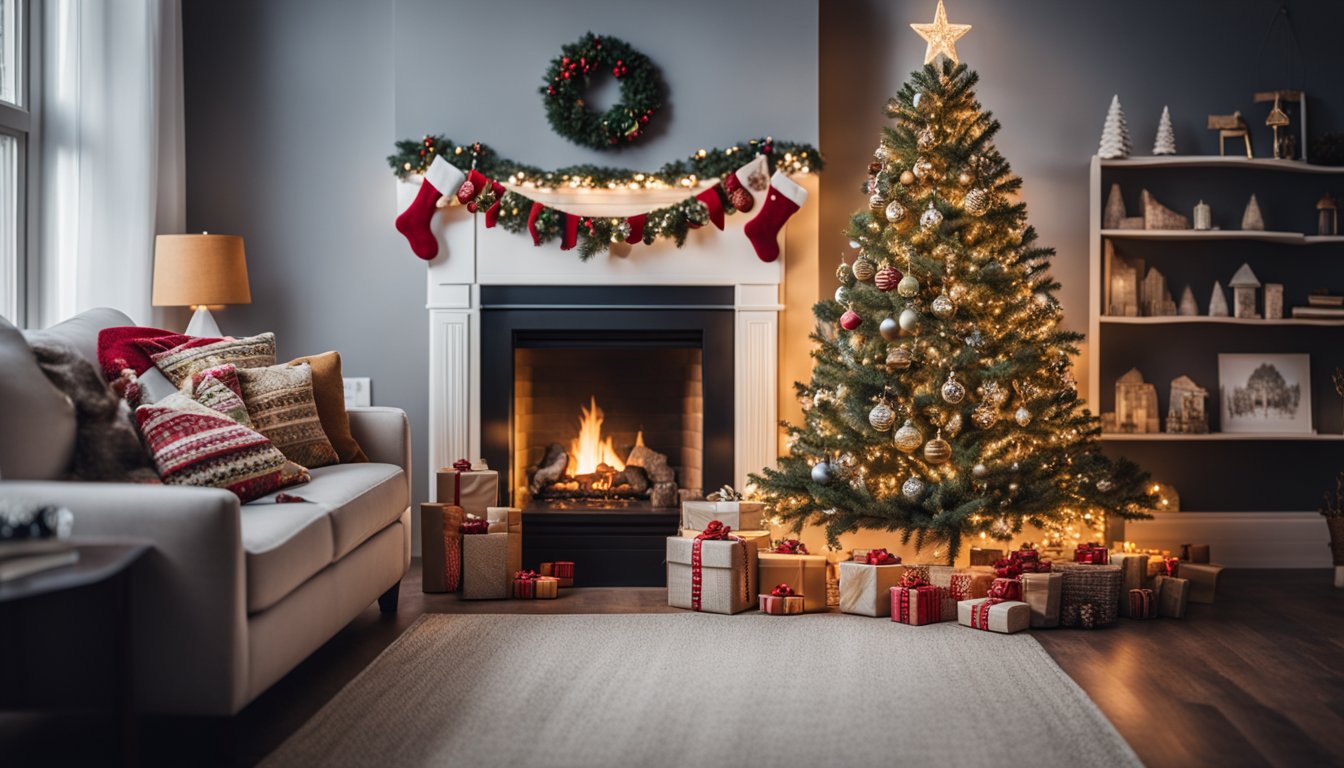 A cozy living room with a crackling fireplace and a decorated Christmas tree, with a needlepoint Christmas stockings kit laid out on a table