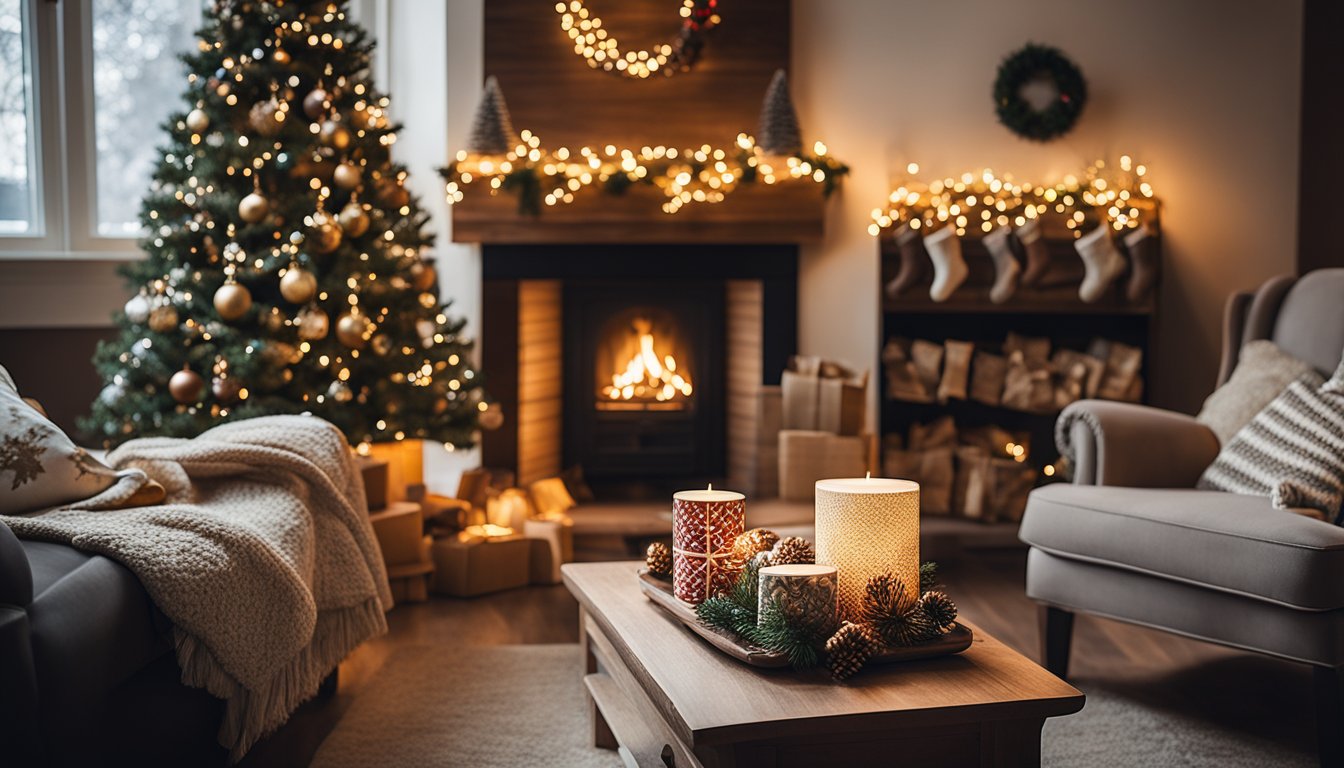 A cozy living room with a crackling fireplace, a festive Christmas tree, and a needlepoint Christmas stocking kit spread out on a coffee table