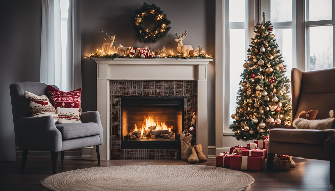 A cozy living room with a crackling fireplace, a comfy armchair, and a table holding a needlepoint Christmas stockings kit