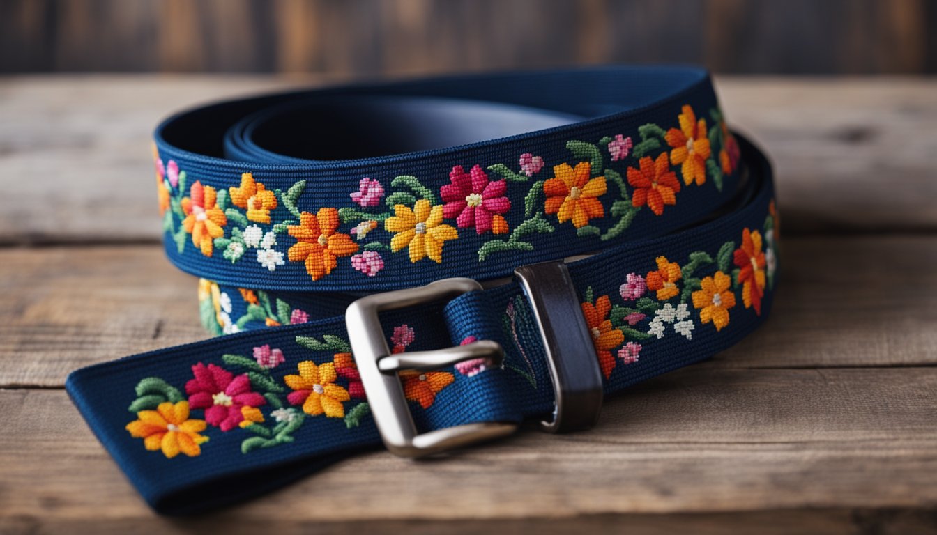 A needlepoint belt lies on a rustic wooden table, adorned with intricate floral patterns in vibrant colors