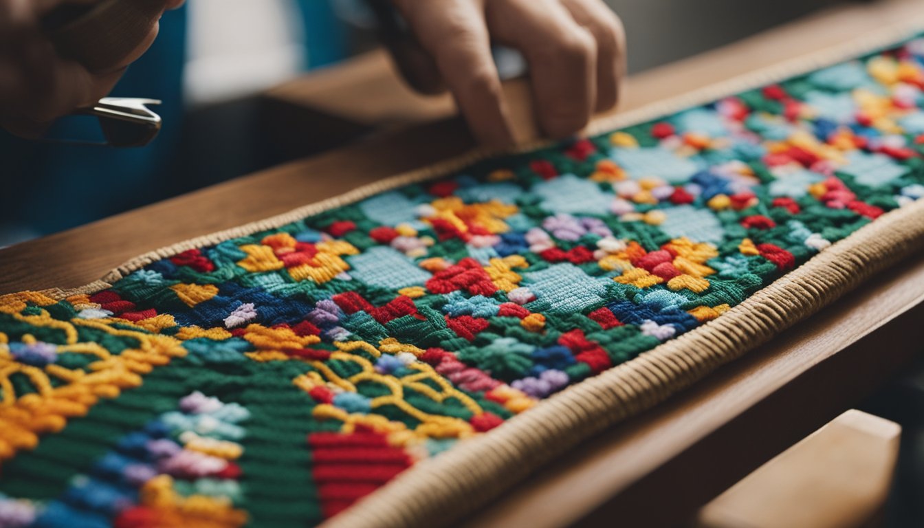 A needlepoint belt being crafted on a wooden frame, with colorful threads and a patterned design taking shape