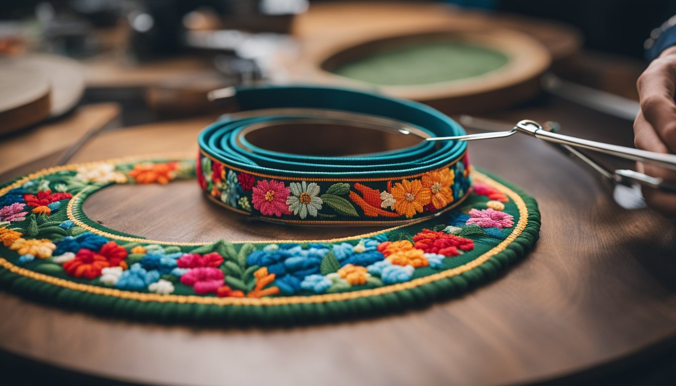 A needlepoint belt being stitched with intricate patterns and vibrant colors on a wooden embroidery hoop
