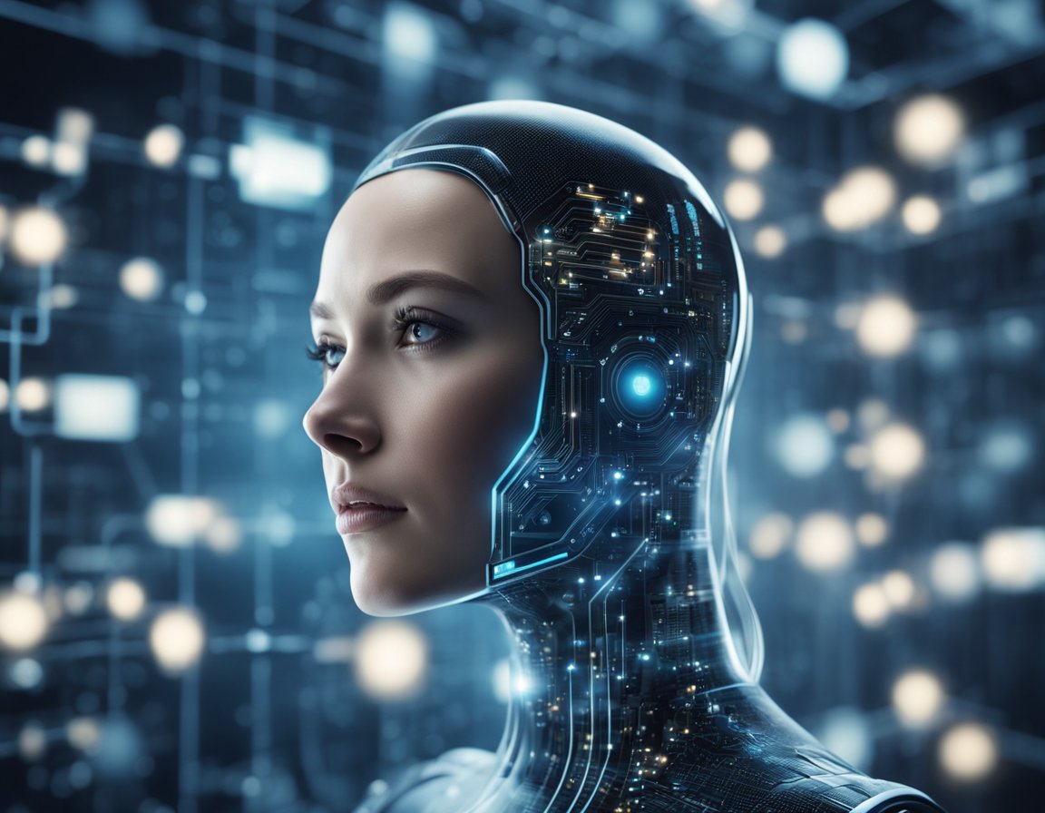 A futuristic AI algorithm manipulating search rankings with data streams and digital connections