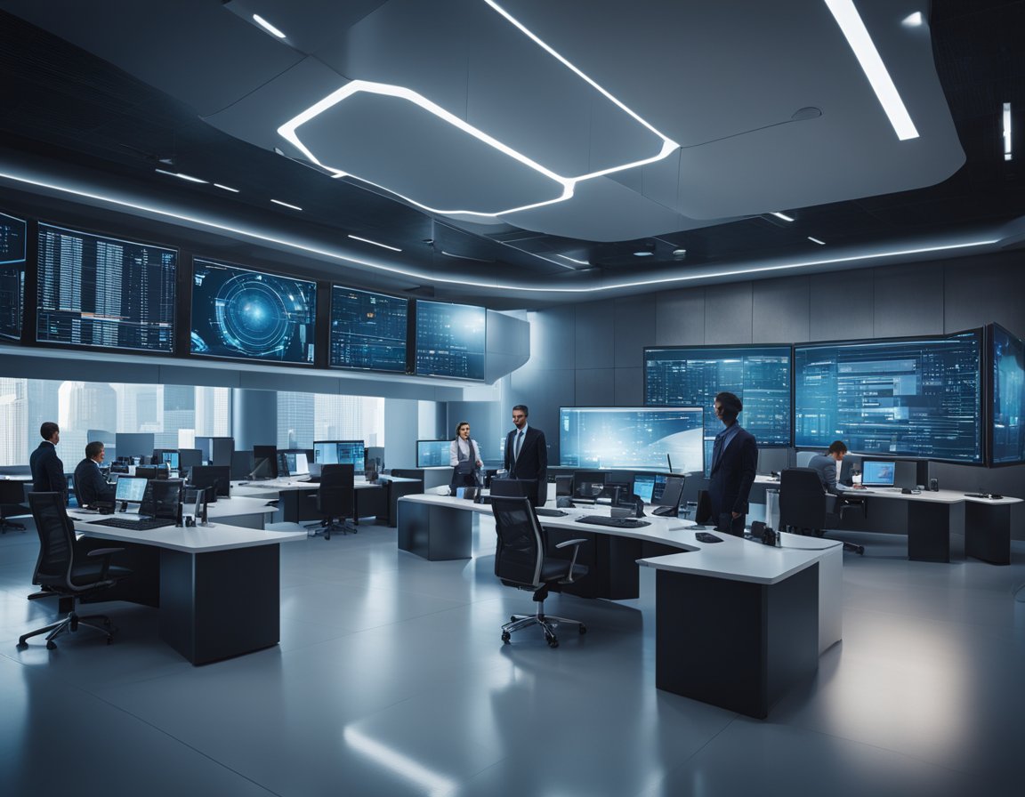 A futuristic office setting with AI algorithms processing data on large screens, while business professionals analyze the information for strategic decision-making