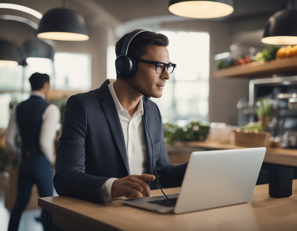 An AI agent communicates with a customer, processing a voice command to order groceries, while other smart devices in the home respond to the request