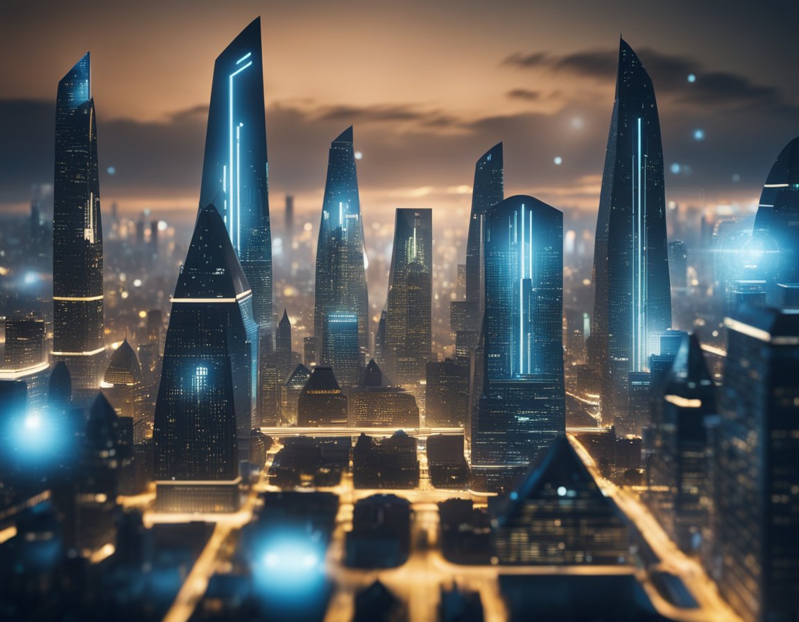 A futuristic cityscape with glowing AI shields protecting online businesses from digital threats