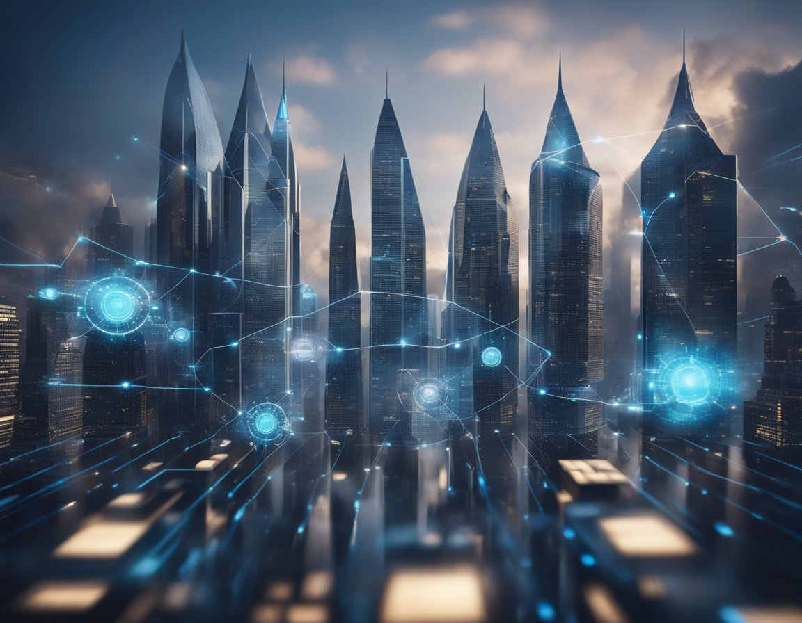 A futuristic city skyline with AI-powered shields protecting online businesses from digital threats