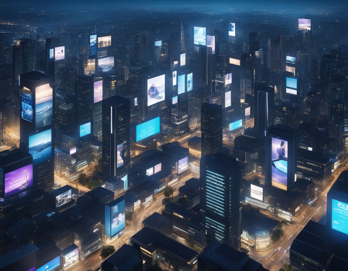 A futuristic cityscape with AI-powered billboards displaying personalized product recommendations to passersby