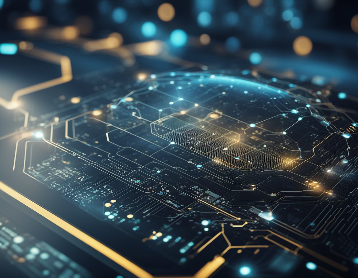 A futuristic, streamlined interface displaying interconnected nodes and data, with AI algorithms working in the background