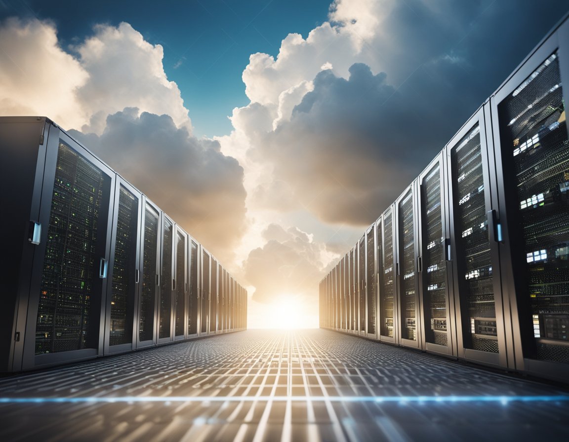 A powerful cloud hovering over a network of interconnected servers, with data flowing seamlessly between them, symbolizing streamlined web hosting and scalability