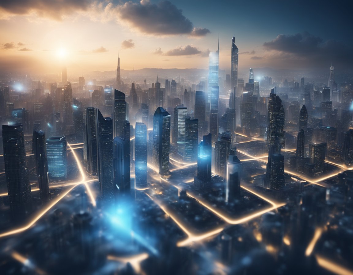 A futuristic city skyline with AI-powered clouds streaming above, showcasing web hosting and scalability