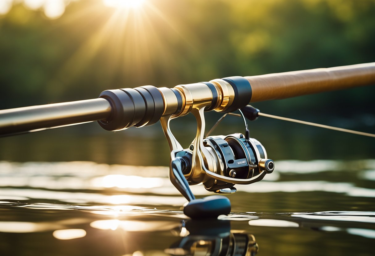 A fly fishing rod and reel are set against a backdrop of a tranquil river, with the sun casting a warm glow on the water