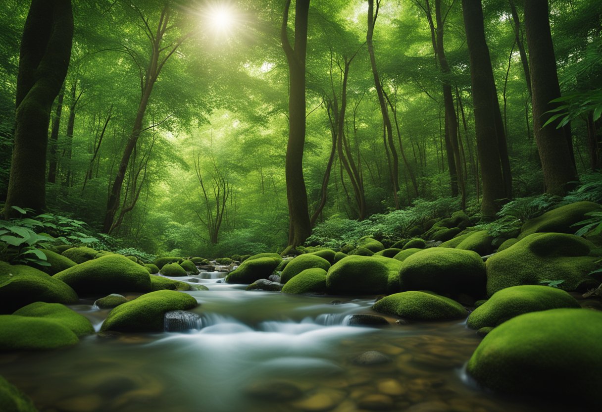 A serene forest with lush green trees and a clear stream, capturing the natural and calming benefits of kratom