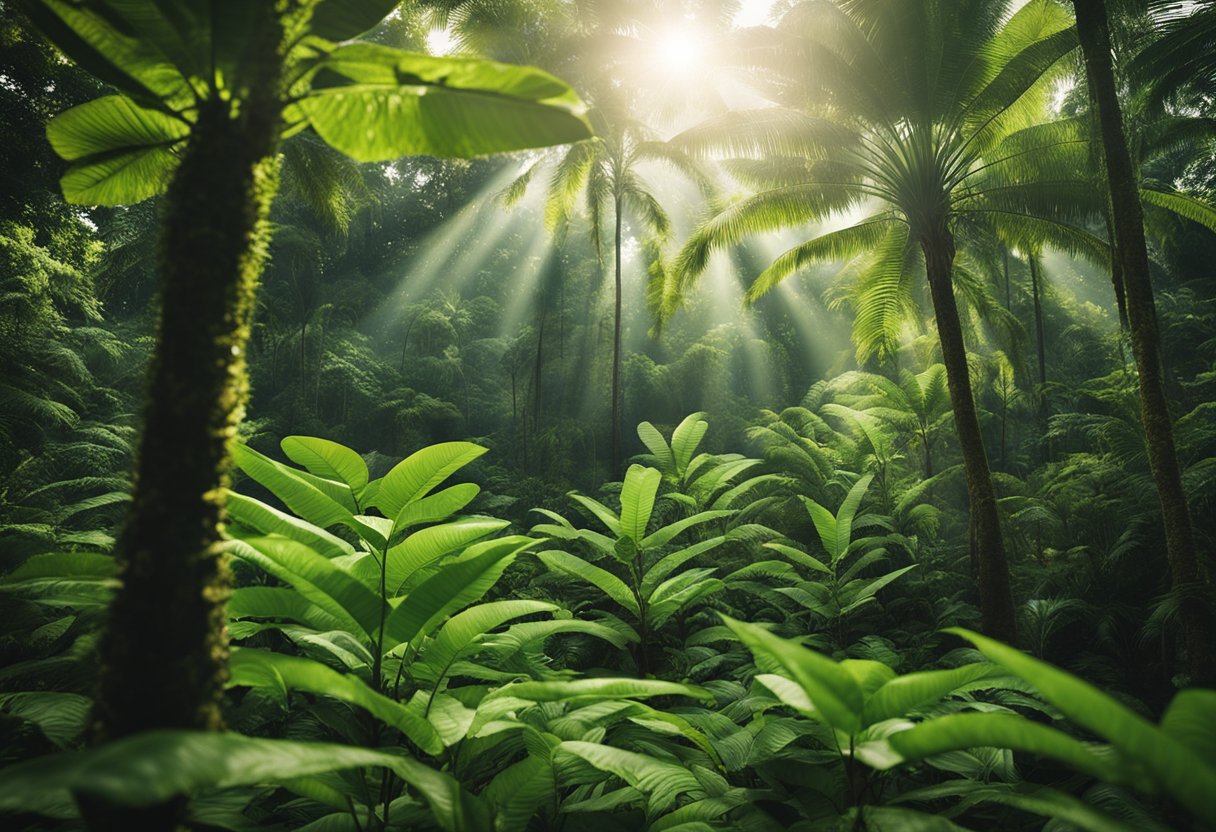 A lush tropical forest with various kratom trees and plants, with sunlight filtering through the canopy and a sense of tranquility in the air
