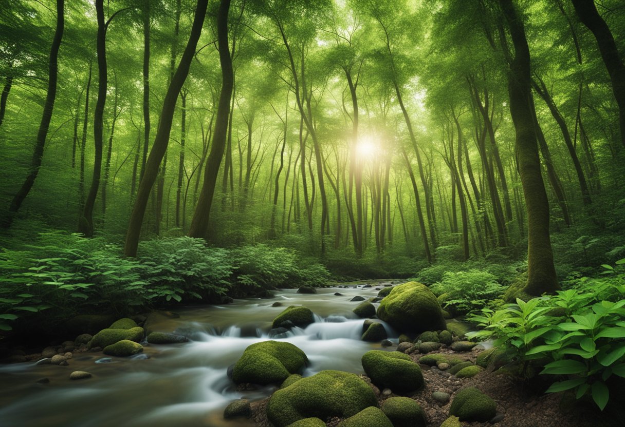 A serene forest clearing with a variety of lush, green kratom trees and a gentle stream flowing through the background