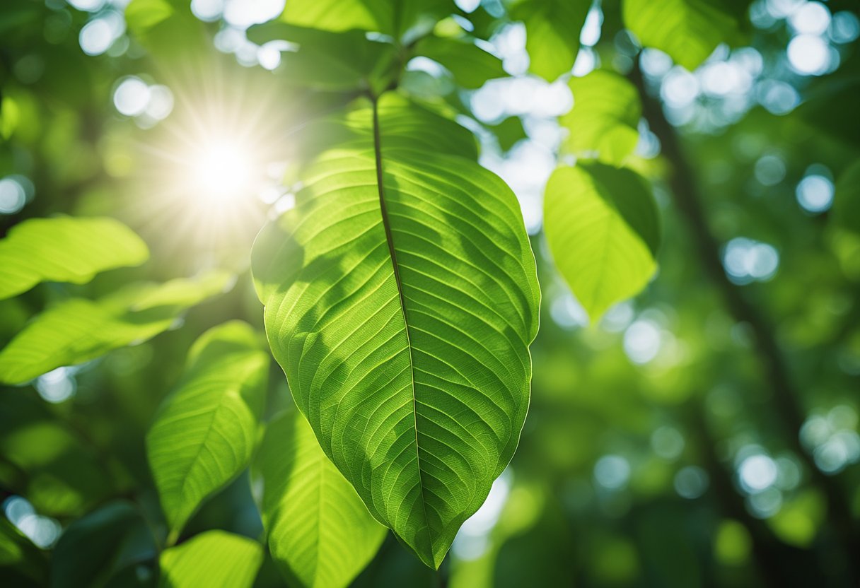 A serene forest with a vibrant kratom tree surrounded by lush greenery and sunlight filtering through the leaves
