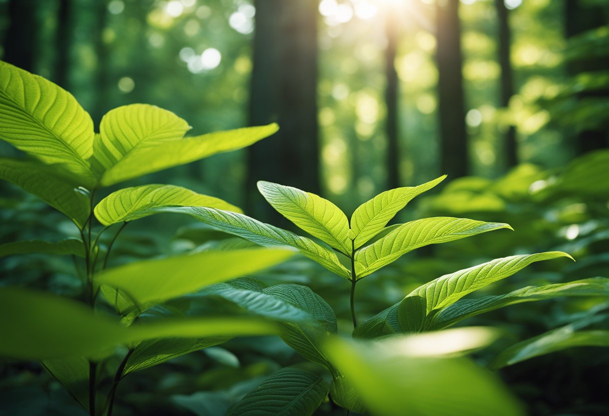 A serene forest with a clear stream, where a collection of kratom leaves and trees thrive under the warm sunlight