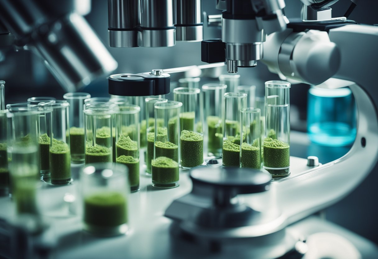 A scientist in a lab, surrounded by test tubes and equipment, studying the effects of kratom on a microscope slide