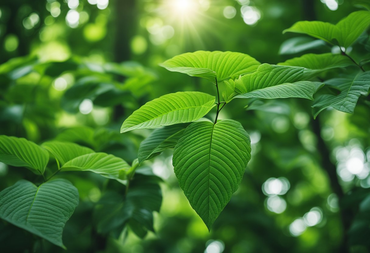 A serene forest with a variety of kratom trees in full bloom, surrounded by wildlife and a tranquil atmosphere