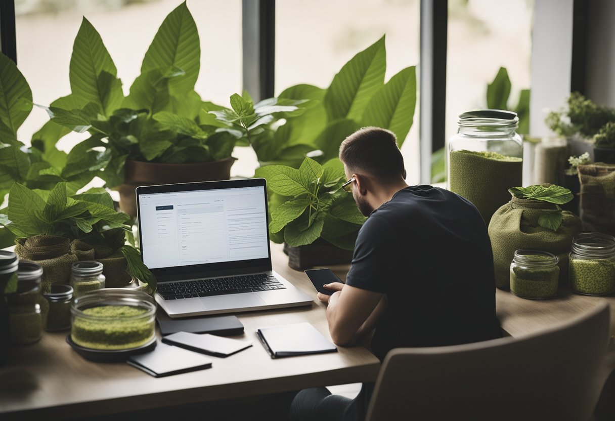 A person researching on a laptop, surrounded by jars of kratom leaves and a notebook with notes on the benefits of kratom