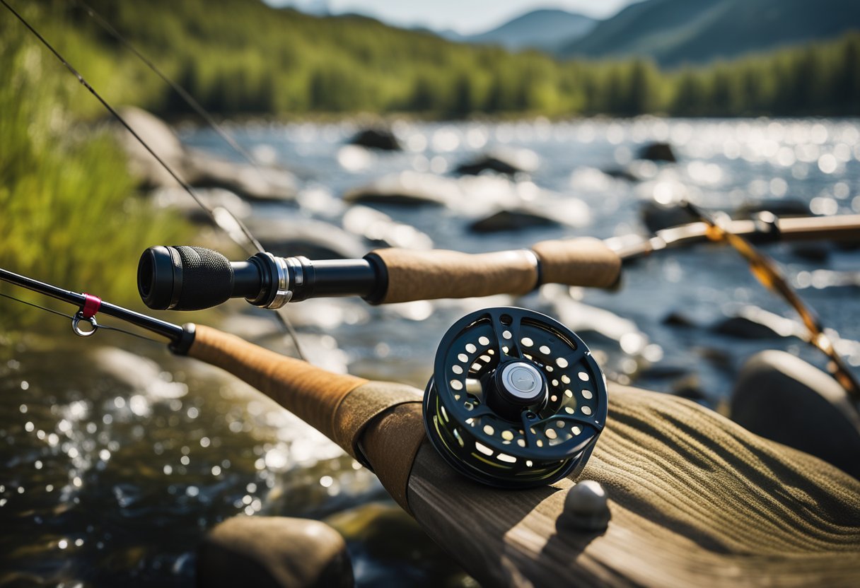 A beginner fly fishing combo featuring a Redington fiberglass fly rod and reel set against a scenic river backdrop