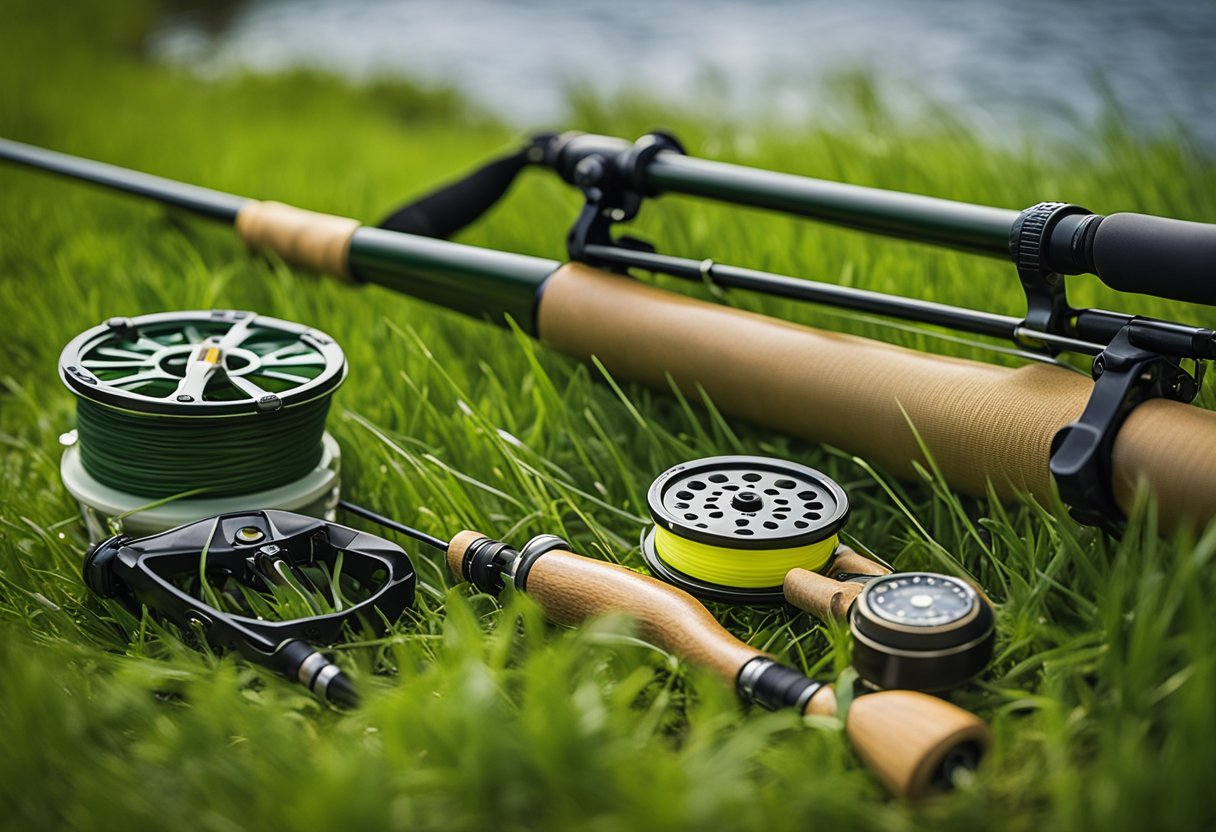 A tranquil riverbank with a beginner fly fishing combo laid out on the grass, ready for a day of casting and reeling in the Redington fly fishing combo