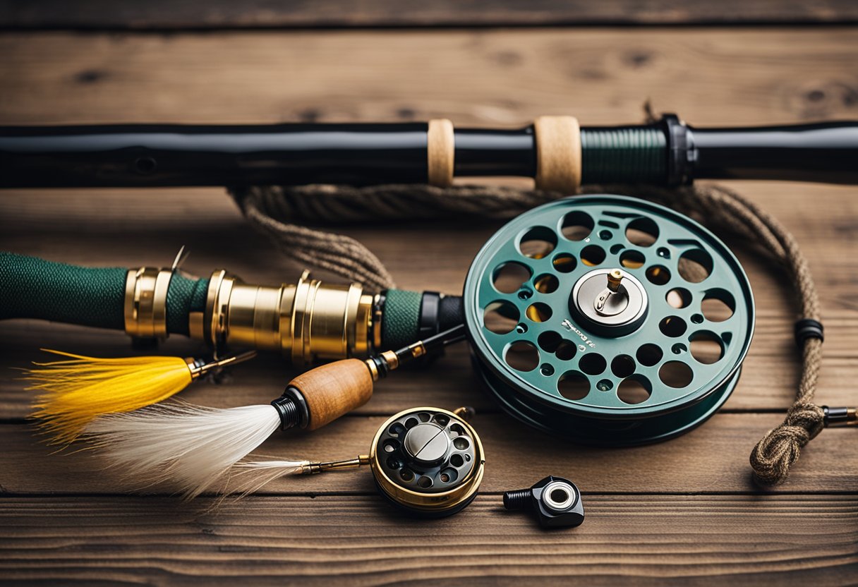 A fly fishing combo sits on a wooden table, consisting of a fiberglass fly rod and reel, with materials and construction details visible